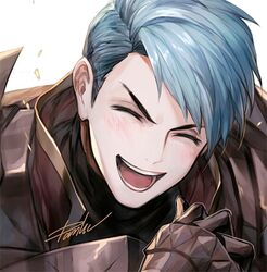  1boy ^_^ armor blue_hair blush breastplate caspar_von_bergliez close-up closed_eyes commentary_request danhu fire_emblem fire_emblem:_three_houses gauntlets grin korean_commentary looking_at_viewer male_focus open_mouth red_armor short_hair signature simple_background smile solo upper_body v-shaped_eyebrows white_background 