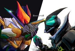  2boys armor assault_visor bat_(animal) bat_genome black_vs_white compound_eyes cowl darkness english_commentary english_text evilblade gauntlets gloves glowing glowing_eyes gun handgun helmet holding holding_gun holding_weapon honeycomb_(pattern) kamen_rider kamen_rider_evil kamen_rider_live kamen_rider_revice light livegun male_focus mask multiple_boys reiwa rivalry rivals signature simple_background weapon white_armor zagizagi zipper 