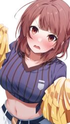  belt belt_buckle black_belt blue_lock blue_shirt blush breasts brown_eyes brown_hair buckle collarbone commentary crop_top cropped_shirt female long_hair medium_breasts midriff navel omuretsu open_mouth pom_pom_(cheerleading) shirt shorts simple_background solo striped_clothes striped_shirt teieri_anri tied_shirt v-shaped_eyebrows vertical-striped_clothes vertical-striped_shirt wavy_mouth white_background white_shorts 