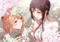  2girls blonde_hair blurry blurry_foreground blush brown_hair cherry_blossoms closed_mouth collared_shirt dress_shirt embarrassed flower frills green_eyes green_ribbons green_shirt hair_ribbon hibike!_euphonium highres kuziaaizuk looking_at_another medium_hair multiple_girls nakaseko_kaori neck_ribbon open_mouth outdoors petals pink_eyes pink_flower ribbon shirt short_hair smile standing white_shirt yoshikawa_yuuko 