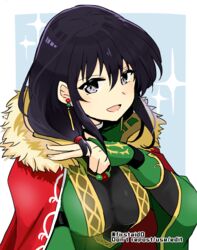  :d black_hair breasts cape dress earrings female fire_emblem fire_emblem:_thracia_776 fire_emblem_heroes green_dress hair_between_eyes jewelry large_breasts looking_at_viewer mareeta_(astra_awakened)_(fire_emblem) mareeta_(fire_emblem) official_alternate_costume open_mouth red_cape smile solo twitter_username upper_body v yukia_(firstaid0) 