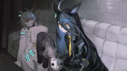  2girls absurdres agnes_tachyon_(umamusume) animal_ears black_hair black_pantyhose coat coffee cup earrings gloves grey_gloves hair_between_eyes highres holding holding_cup horse_ears horse_girl jewelry lab_coat long_hair looking_at_viewer lying manhattan_cafe_(umamusume) multiple_girls necktie on_back pantyhose pleated_skirt red_eyes short_hair sitting skirt smile steam test_tube umamusume uouokuma yellow_eyes 