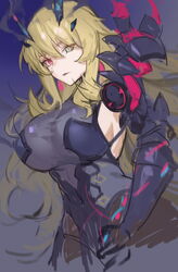  absurdres armor bare_shoulders barghest_(fate) barghest_(second_ascension)_(fate) black_dress blonde_hair breasts brown_pantyhose dress fate/grand_order fate_(series) female fengyin_shici_guozi gauntlets green_eyes heterochromia highres horns large_breasts long_hair looking_at_viewer pantyhose pauldrons pelvic_curtain red_eyes shoulder_armor sideboob single_gauntlet single_pauldron solo 