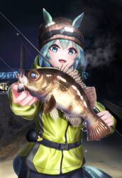  absurdres animal animal_ears beanie black_pants breath buckle ears_through_headwear female fish fishing_rod fusou_(fuso0205) green_eyes green_hair hat highres holding holding_animal holding_fish holding_fishing_rod hood hooded_jacket horse_ears horse_girl horse_tail jacket long_sleeves looking_at_viewer night open_mouth outdoors pants reaching reaching_towards_viewer rockfish seiun_sky_(umamusume) short_hair smile snap-fit_buckle solo tail teeth umamusume upper_body upper_teeth_only water_drop 