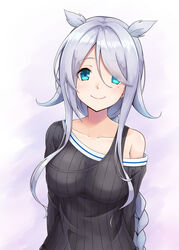  alternate_costume arms_behind_back black_sweater blue_eyes braid breasts closed_mouth female grey_background grey_hair hair_flaps hair_over_one_eye hair_tie highres kantai_collection kodama_(mmt_uf) long_hair looking_at_viewer mole mole_under_eye off-shoulder_sweater off_shoulder ribbed_sweater simple_background single_bare_shoulder single_braid smile solo sweater umikaze_(kancolle) upper_body 