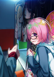  1boy bag breasts commentary condom condom_box duplicate fate/grand_order fate_(series) female glasses hair_over_one_eye harutoshi highres hood hooded_jacket jacket looking_at_viewer looking_back mash_kyrielight out_of_frame photo_booth photoshop_(medium) pink_hair pixel-perfect_duplicate plastic_bag purple_eyes short_hair solo_focus 