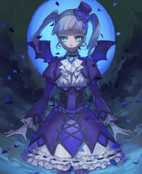  aikatsu! aikatsu!_(series) aqua_eyes ascot bat_wings blue_moon blue_theme blunt_bangs brooch chains cowboy_shot earrings facing_viewer female gothic_lolita grey_hair hat highres jewelry juliet_sleeves lolita_fashion long_hair long_sleeves looking_at_viewer moon night outdoors petals puffy_sleeves standing todo_yurika twintails wata_(attaka_towel) wings 