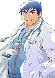  1boy arima_mineaki bara blue_eyes blue_hair blush heterochromia highres lab_coat long_sideburns male_focus mature_male mozhoyo muscular muscular_male open_mouth red_eyes scar scar_on_face short_hair sideburns simple_background smile solo stethoscope thick_eyebrows tokyo_afterschool_summoners track_suit upper_body white_background 