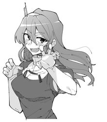  ashigara_(kancolle) blush breasts claw_pose cropped_torso fake_horns female gloves greyscale hair_between_eyes hairband higaragi highres horned_headwear horns kantai_collection long_hair long_sleeves looking_at_viewer medium_breasts monochrome oerba_yun_fang open_mouth simple_background skin_fang solo upper_body 