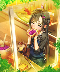  aiuabo apron black_eyes black_hair blurry bread bread_knife bread_slice corn depth_of_field eating female food food-themed_hair_ornament grape_hair_ornament hair_ornament highres jam kitchen long_hair looking_at_viewer nail_polish original pot squirrel toast window 