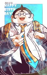  1boy :3 :d backpack bag black-framed_eyewear blue_necktie collared_shirt commentary_request cowboy_shot danganronpa:_trigger_happy_havoc danganronpa_(series) dated fat fat_man glasses green_background hand_up happy_birthday kiri_(2htkz) long_sleeves looking_at_viewer male_focus necktie open_mouth orange_necktie pointing round_eyewear shirt short_hair smile solo spiked_hair teeth upper_teeth_only very_short_hair white_background white_shirt yamada_hifumi 