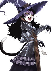  absurdres animal_ears apron armor armored_dress black_fur black_hair cat_ears cat_girl cat_tail claws curly_hair fangs female full_armor furry furry_female hat highres long_hair looking_at_viewer mouse_(animal) original plate_armor slit_pupils solo tail toot white_fur witch_hat yellow_eyes 