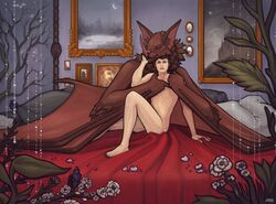  anthro arm_tuft bat bat_ears bat_nose bat_wings bed bedroom closed_eyes cuddling digital_media_(artwork) duo elbow_tuft elena_(validheretic) fangs female flower fur furniture hand_on_cheek hi_res human interspecies larger_anthro larger_female leaf-nosed_bat looking_at_another male male/female mammal membrane_(anatomy) membranous_wings microbat neck_tuft nude on_bed pillow plant sitting size_difference smaller_human smaller_male smile teeth tertia_decima tuft vampire_bat wall_art winged_arms wings yangochiropteran 