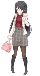  absurdres bad_id bad_pixiv_id bag black_hair black_pantyhose blue_eyes boots commentary_request female fujimaki_nora highres jacket long_hair miniskirt pantyhose sakurajima_mai seishun_buta_yarou skirt solo sweater turtleneck turtleneck_sweater 