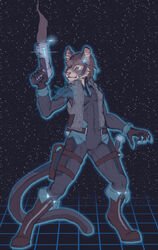  anthro belt bodysuit brown_body brown_fur catfolk claws clothing dagger digital_media_(artwork) earpiece felid female frostwyrm102 fur grid_floor gun hasbro mammal melee_weapon ranged_weapon simple_background skinsuit smoking_gun solo space square_grid tan_body tan_fur teal_eyes tight_clothing topwear vest weapon wizards_of_the_coast 