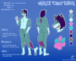  anthro antlers canid canine codyf0xx deer digital_media_(artwork) dipstick_tail ear_piercing english_text fox fur hair hi_res horn hybrid looking_at_viewer male mammal markings maverickdodger model_sheet multicolored_tail nude open_mouth piercing purple_hair simple_background slim smile standing tail tail_markings text 