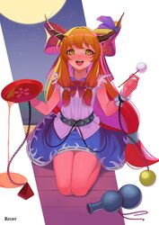  :d absurdres alcohol artist_name bare_shoulders blue_skirt blush bow bowtie breasts chains commentary_request cuffs cup drooling female full_moon gourd grass highres holding holding_cup holding_stick horn_ornament horn_ribbon horns ibuki_suika kneeling korean_commentary long_hair looking_at_viewer mimikaki moon night night_sky nose_blush oni_horns open_mouth orange_eyes orange_hair purple_ribbon recare red_bow ribbon sakazuki shackles shirt sidelocks skirt sky small_breasts smile solo star_(sky) stick teeth torn_clothes touhou upper_teeth_only very_long_hair white_shirt wrist_cuffs 