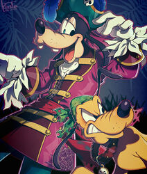  2020 4_fingers alternate_costume angry anthro bandana canid canine canis clothing disney domestic_dog domestic_pet duo feral fingers floppy_ears furries_with_pets gloves goofy_(disney) handwear hi_res kerchief kxxxta male mammal open_mouth open_smile pirate pirate_hat pluto_(disney) signature smile teeth tongue 