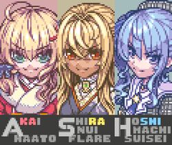  3girls ahoge akai_haato akai_haato_(new_year) aozane beret blonde_hair blue_eyes blue_hair character_name choker dark-skinned_female dark_skin green_eyes hair_ribbon hat hololive hoshimachi_suisei hoshimachi_suisei_(1st_costume) japanese_clothes jewelry kimono long_hair lowres multiple_girls official_alternate_costume orange_eyes pixel_art plaid ribbon shiranui_flare shiranui_flare_(new_year) side_ponytail smile upper_body virtual_youtuber 