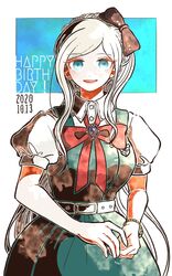  :d belt black_bow blonde_hair blue_eyes blush bow bracelet braid breasts collared_shirt commentary_request cowboy_shot danganronpa_(series) danganronpa_2:_goodbye_despair dated dress dress_shirt elbow_gloves female gem gloves green_background green_dress hairbow happy_birthday jewelry kiri_(2htkz) large_breasts long_hair looking_at_viewer open_mouth ponytail puffy_short_sleeves puffy_sleeves ribbon shirt short_sleeves smile solo sonia_nevermind teeth upper_teeth_only white_background 