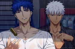  2boys akujiki59 alternate_hairstyle archer_(fate) artist_name blue_hair collared_shirt cu_chulainn_(fate) cu_chulainn_(fate/stay_night) ear_piercing earrings fate/stay_night fate_(series) grey_eyes jewelry long_hair male_focus multiple_boys outdoors pectoral_cleavage pectorals piercing rain red_eyes see-through see-through_shirt shirt stud_earrings t-shirt tan undressing upper_body vending_machine wet wet_clothes wet_hair wet_shirt white_hair 