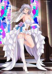  ;d absurdres asymmetrical_legwear azur_lane blush breasts bridal_veil bride chungmechanic cleavage collarbone commission dress elbow_gloves female flower full_body gloves grey_eyes grey_hair high_heels highres indoors large_breasts leotard looking_at_viewer medium_hair one_eye_closed open_mouth pew purple_flower seattle_(azur_lane) single_thighhigh smile solo stained_glass standing standing_on_one_leg strappy_heels thighhighs v veil wedding_dress white_dress white_footwear white_gloves white_leotard white_thighhighs 