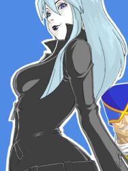  black_bodysuit black_lips blue_eyes blue_hair bodysuit breasts devil_summoner:_soul_hackers devil_summoner_(series) female light_blue_hair light_green_hair long_hair nemissa shin_megami_tensei sideboob sidelocks swept_bangs zipper zya_pck 