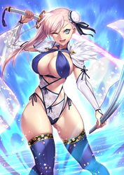  bad_id bad_twitter_id blue_eyes blue_one-piece_swimsuit breasts bun_cover criss-cross_halter detached_sleeves dual_wielding fate/grand_order fate_(series) female hair_bun halterneck highres holding katana large_breasts long_hair long_sleeves looking_at_viewer miyamoto_musashi_(fate) miyamoto_musashi_(swimsuit_berserker)_(fate) miyamoto_musashi_(swimsuit_berserker)_(third_ascension)_(fate) nasaniliu navel ocean one-piece_swimsuit one_eye_closed open_mouth pink_hair ponytail single_side_bun smile solo swept_bangs swimsuit sword thighhighs thighs weapon white_one-piece_swimsuit wide_sleeves 