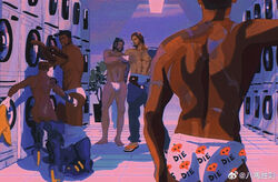  5boys ass bamashengze baptiste_(overwatch) beard black_hair briefs brown_hair cassidy_(overwatch) clothes_pull clothes_writing crossed_arms dark_skin facial_hair feet_out_of_frame hanzo_(overwatch) long_hair lucio_(overwatch) male_focus male_underwear multiple_boys overwatch overwatch_1 pants pants_pull ponytail print_male_underwear reaper_(overwatch) short_hair standing thighs underwear very_dark_skin washing_machine white_male_underwear 