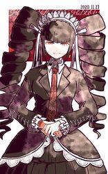  black_hair black_jacket black_nails blunt_bangs bonnet celestia_ludenberg closed_mouth commentary_request cowboy_shot danganronpa:_trigger_happy_havoc danganronpa_(series) dated dress drill_hair earrings female frills gothic_lolita half-closed_eyes happy_birthday jacket jewelry kiri_(2htkz) layered_dress lolita_fashion long_hair long_sleeves looking_at_viewer looking_back necktie own_hands_together print_necktie red_background red_eyes red_necktie shirt smile solo twin_drills twintails white_background white_shirt 