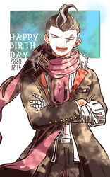  1boy bandaged_arm bandages belt black_belt black_coat black_hair black_pants coat commentary_request cowboy_shot crossed_arms danganronpa_(series) danganronpa_2:_goodbye_despair dated earrings green_background grey_hair hair_up half-closed_eyes happy_birthday jewelry kiri_(2htkz) male_focus multicolored_hair open_mouth pants purple_scarf scar scar_across_eye scar_on_face scarf shirt shirt_tucked_in short_hair smile solo tanaka_gundham two-tone_hair white_background white_shirt 