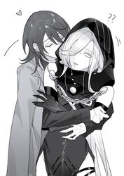  2girls ? ?? absurdres bridge_piercing chief_(path_to_nowhere) closed_eyes commentary elbow_gloves female_chief_(path_to_nowhere) gloves greyscale hair_between_eyes hair_over_one_eye heart highres hood hoodie hug jacket kissing kissing_cheek long_hair long_sleeves looking_at_another medium_hair monochrome multiple_girls nose_piercing nox_(path_to_nowhere) parted_lips path_to_nowhere piercing simple_background toho10min white_background yuri 