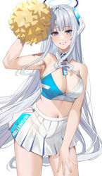  arm_up armpits bad_id bad_twitter_id bare_arms bare_shoulders blue_archive breasts cheerleader cleavage collar cosplay cowboy_shot criss-cross_halter crop_top detached_collar female gaitoou grin halo halterneck highres holding holding_pom_poms large_breasts long_hair looking_at_viewer mechanical_halo millennium_cheerleader_outfit_(blue_archive) name_tag navel noa_(blue_archive) pleated_skirt pom_pom_(cheerleading) purple_eyes simple_background skirt smile solo stomach text_print thighs two-tone_skirt white_background white_collar white_hair white_skirt wing_collar 