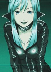  annyuiusagi black_bodysuit black_choker black_lips blue_eyes blue_hair bodysuit breasts choker cleavage devil_summoner:_soul_hackers devil_summoner_(series) female highres light_blue_hair light_green_hair long_hair nemissa screen sidelocks swept_bangs television unzipped 