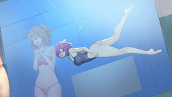  2girls absurdres air_bubble bikini bubble closed_eyes collar countdown_timer fate/grand_order fate_(series) freediving fujimaru_ritsuka_(female) glass_wall goggles hair_over_one_eye heart highres holding_breath mash_kyrielight multiple_girls orange_hair purple_hair reflection rou_(rou22) short_hair side_ponytail surprised swimming swimsuit underwater wet 