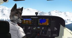  2023 aircraft airplane anthro brown_eyes canid canine captain&#039;s_chair clothed clothing cockpit compass control_panel controls day detailed_background easter_egg_(meta) english_text flying fox fur gaikotsu gps grey_body grey_fur hud inside_airplane lake looking_at_viewer looking_back male mammal midair mountain pilot plant red_fox shirt signature silver_fox smile snow solo text topwear tree true_fox vehicle white_clothing white_shirt white_topwear 