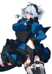  absurdres black_gloves blue_dress braid breasts corset dress female frills gloves grin highres himadera holster izayoi_sakuya knife large_breasts long_sleeves maid_headdress puffy_sleeves simple_background smile solo teeth thigh_holster thighhighs touhou twin_braids weapon_in_garters white_background 