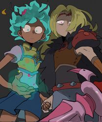  2girls amphibia anne_boonchuy armor blonde_hair blue_eyes blue_hair breastplate cape constricted_pupils dark-skinned_female dark_skin fur_cape glaring glowing glowing_eyes glowing_hand hair_over_mouth hair_over_one_eye highres holding_hands leaf leaf_on_head leather_armor looking_at_viewer multiple_girls pink_eyes samui522 sasha_waybright school_uniform shoulder_armor skirt spiked_belt sword tiara twig weapon wide-eyed 