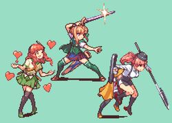  4girls akatsuki_(kancolle) atlanta_(kancolle) avalon_(fate/stay_night) belt black_socks black_thighhighs blonde_hair breasts brown_hair closed_mouth commentary_request de_ruyter_(kancolle) excalibur_(fate/stay_night) fate_(series) garrison_cap glaive_(polearm) green_background green_legwear green_vest hat headgear heart holding holding_polearm holding_sword holding_weapon kantai_collection kneehighs long_hair long_sleeves lowres multiple_girls one_eye_closed oobako open_mouth perth_(kancolle) pixel_art plaid plaid_skirt polearm red_hair sailor_collar sheath shirt short_sleeves side_ponytail simple_background skirt socks sparkle spear standing sword thighhighs unsheathed vest weapon 