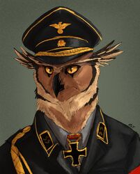  avian bird black_uniform clothing cross hat headgear headwear hi_res iron_cross male military military_cap military_uniform nazi nazi_armband nazi_uniform owl partieiadler saberhorn shin_(b-mashina) solo totenkopf uniform 