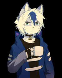  anthro clothed clothing coff container cup dipstick_ears domestic_cat ear_markings eyebrows felid feline felis fingers hair hi_res holding_object keita_elyssar male mammal mug multicolored_ears nintendo shinji_holding_a_mug solo the_legend_of_zelda triforce white_hair 