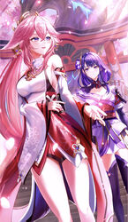  2girls absurdres animal_ears bare_shoulders breasts cherry_blossoms cleavage commentary_request detached_sleeves fox_ears fox_statue genshin_impact hair_ornament highres japanese_clothes kimono long_sleeves medium_breasts mole mole_under_eye multiple_girls nontraditional_miko open_mouth otabaaa pink_hair purple_eyes purple_hair purple_kimono purple_thighhighs raiden_shogun short_kimono sideboob smile thighhighs torii tree wide_sleeves yae_miko zettai_ryouiki 