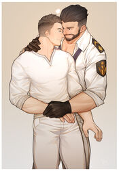  2boys absurdres bara beard black_hair commission couple cropped_legs dungeon_and_fighter eye_contact facial_hair gloves highres holding_hands interracial light_brown_hair looking_at_another male_focus male_priest_(dungeon_and_fighter) mature_male multiple_boys muscular muscular_male original pants pectorals peterhl shirt short_hair smile white_pants white_shirt yaoi 