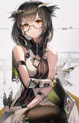  absurdres arknights armband bare_shoulders black-framed_eyewear black_thighhighs brown_hair cleavage_cutout clothing_cutout commentary earrings feathers female fingerless_gloves glasses gloves grey_background highres hiyaori_(hiyahiyaval) holding holding_feather id_card infection_monitor_(arknights) jewelry lanyard looking_at_viewer owl_ears rhine_lab_logo semi-rimless_eyewear shirt short_hair silence_(arknights) single_glove sitting sleeveless sleeveless_shirt solo thighhighs under-rim_eyewear white_gloves yellow_eyes 