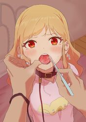  1other aikatsu!_(series) aikatsu_stars! belt_collar blonde_hair blush brushing_another&#039;s_teeth collar eyelashes female highres holding holding_toothbrush leash long_hair looking_at_viewer nijino_yume open_mouth osame pink_shirt pov pov_hands red_eyes saliva shirt solo_focus tongue toothbrush viewer_holding_leash 