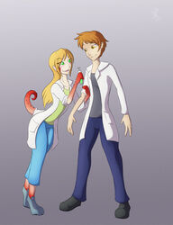  anthro blonde_hair blush body_part_growth brown_eyes brown_hair clothed clothing coat colored dragon duo female gradient_background green_eyes growth hair human injection lab_coat male male/female mammal mid_transformation mythological_creature mythological_scalie mythology red_body scalie science sepisnake simple_background species_transformation tail tail_growth topwear transformation 