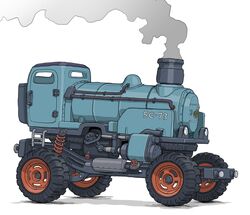  alternate_vehicle commentary_request from_side gatling_santouhei ground_vehicle headlight highres ladder locomotive motor_vehicle no_humans original shadow simple_background smoke smokestack steam_locomotive suspension valve vehicle_focus wheel white_background 