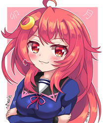  :3 ahoge alternate_breast_size blue_shirt blush breasts closed_mouth collared_shirt commentary_request crescent crescent_hair_ornament crossed_arms female hair_ornament kantai_collection long_hair long_sleeves looking_at_viewer medium_breasts neck_ribbon pink_background red_eyes red_hair red_ribbon ribbon shirt sills sleeves_past_wrists solo twitter_username two-tone_background upper_body uzuki_(kancolle) white_background 