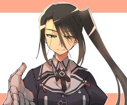  black_hair closed_mouth commentary_request female gloves hair_between_eyes higaragi kantai_collection long_hair long_sleeves looking_at_viewer military military_uniform nachi_(kancolle) nachi_kai_ni_(kancolle) outstretched_hand side_ponytail simple_background solo two-tone_background uniform upper_body very_long_hair white_gloves 