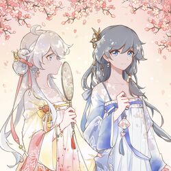  2girls :d amulet antenna_hair black_hair blue_eyes breasts cherry_blossoms chinese_clothes cleavage closed_mouth fu_hua hair_between_eyes hair_ornament hand_fan hanfu highres holding holding_fan honkai_(series) honkai_impact_3rd kiana_kaslana long_sleeves looking_at_another looking_at_viewer multiple_girls open_mouth petals qixi_festival qixiong_ruqun small_breasts smile tanghc175 tree tuanshan white_hair 